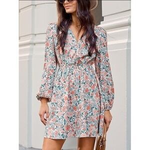 NEW Cupshe XL Floral Print Long Sleeve V Neck Mini Dress Flowy Lightweight Short